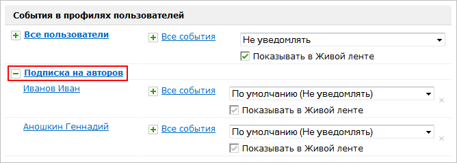 "Подписка на авторов" - развернуто